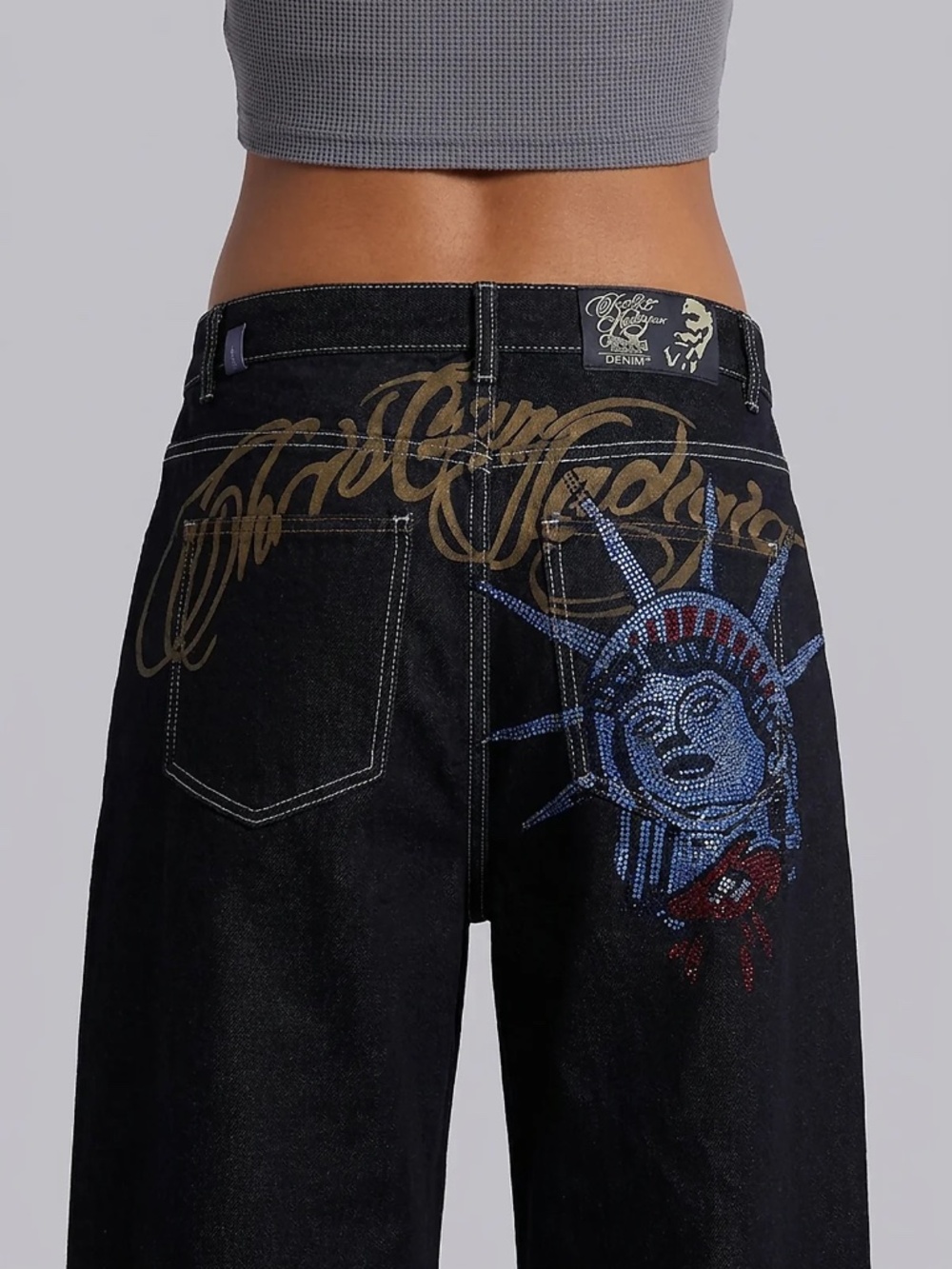 Y2K Dark Blue Statue Graphic Baggy Wide Leg Jeans M